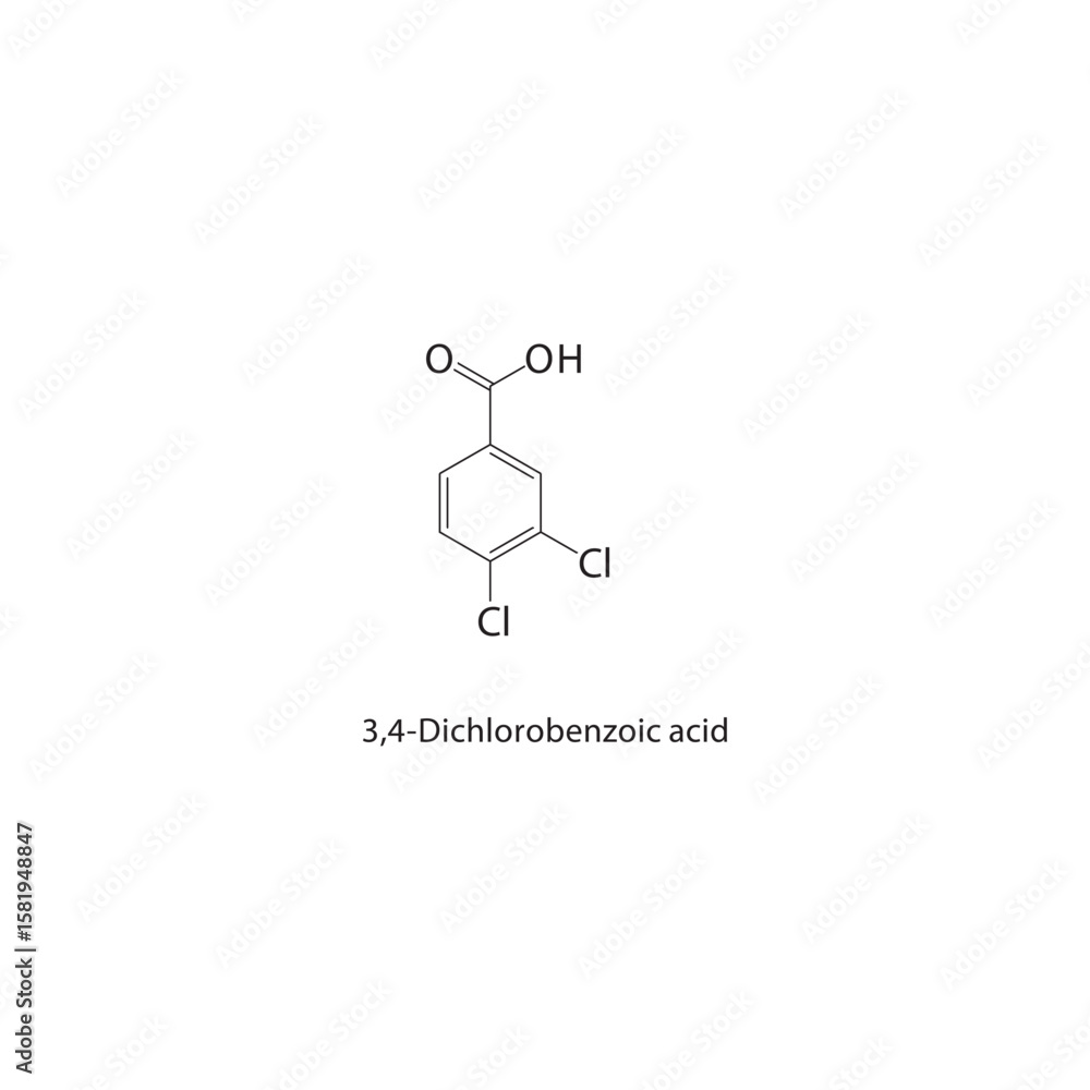 Fototapeta premium 3,4-Dichlorobenzoic acid skeletal structure. halogen acid compound schematic illustration. Simple diagram, chemical formula.