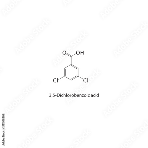 3,5-Dichlorobenzoic acid skeletal structure. halogen acid compound schematic illustration. Simple diagram, chemical formula.