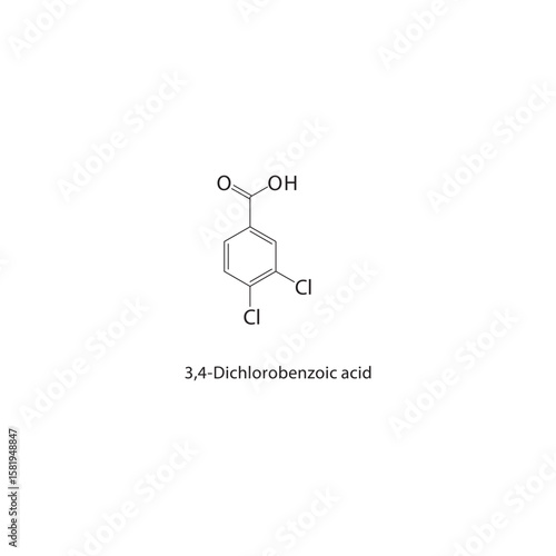 3,4-Dichlorobenzoic acid skeletal structure. halogen acid compound schematic illustration. Simple diagram, chemical formula.