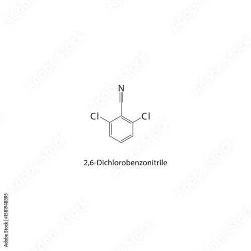 2,6-Dichlorobenzonitrile skeletal structure. halogen nitrile compound schematic illustration. Simple diagram, chemical formula.