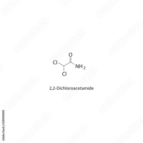 2,2-Dichloroacetamide skeletal structure. halogen amide compound schematic illustration. Simple diagram, chemical formula.