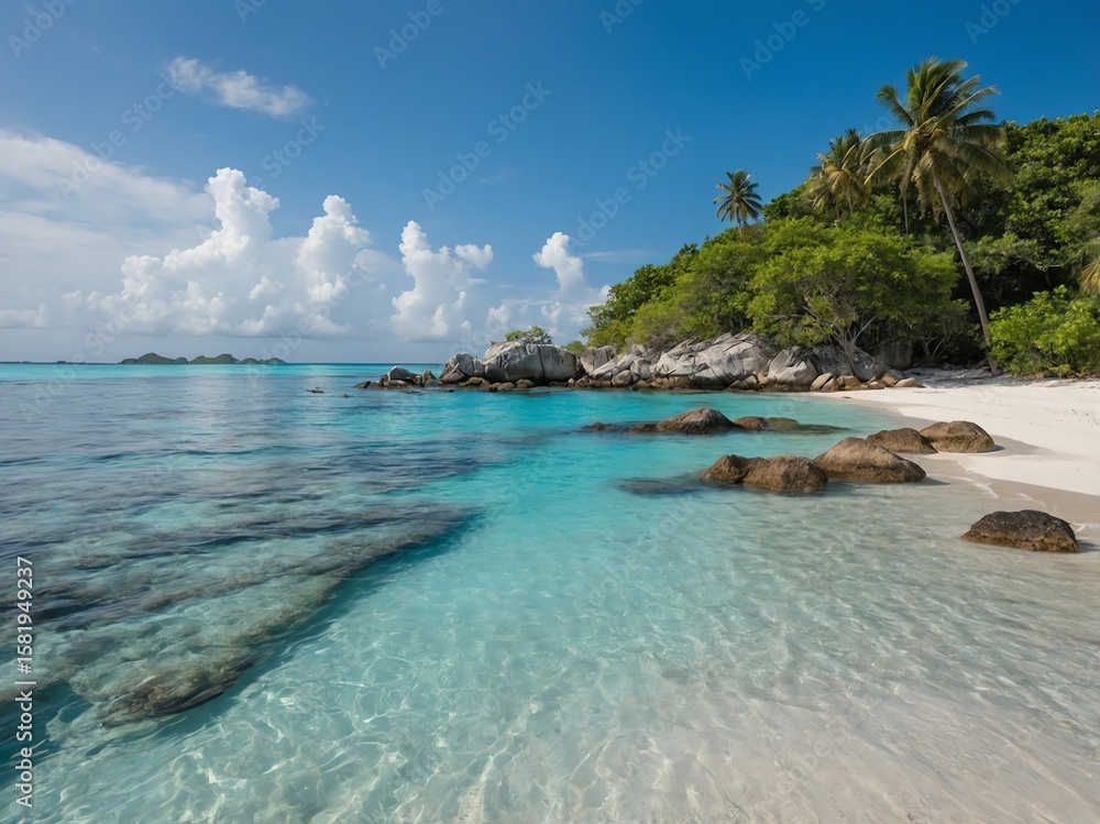 Obraz premium Tropical Beach with Palm Trees and Clear Water