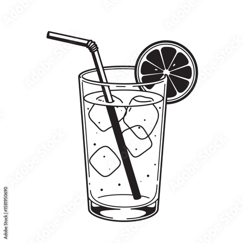Tall glass beverage with ice cubes straw and citrus slice drink