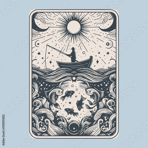 card design of fisherman facing oceanic terror drawn in faded vector lines