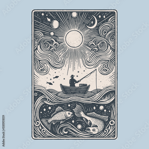 Foto vintage vector design of deep-sea fishing gone wrong with monster reveal