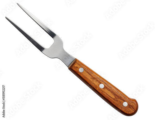 Top Down View of Large BBQ Fork with Wooden Handle and Steel Rivets isolated on a transparent background PNG