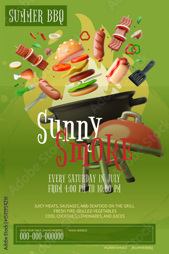 BBQ festival promotion poster. Grill with burger, shashlik, sausage, chicken, hot dog, vegetables.