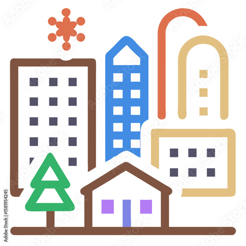 Urban Landscape Illustration Featuring Buildings, Trees, and Snowflakes for Websites, Blogs, Educational Materials, and Urban Development Awareness  