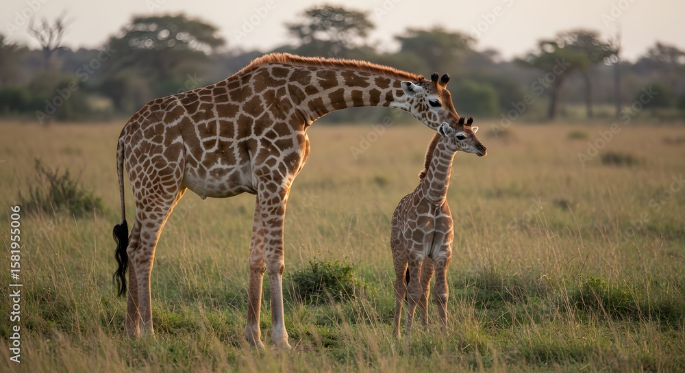 Fototapeta premium A giraffe bends its neck to nuzzle a smaller giraffe in a grassy field, with trees in the background.
