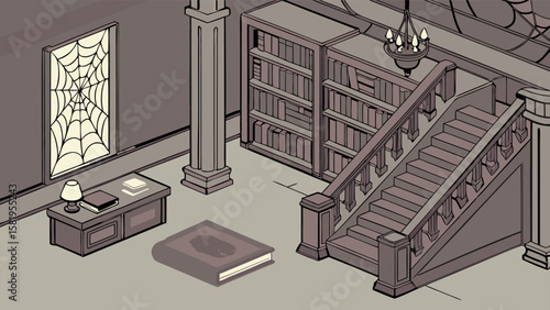 Isometric view of a library with a bookshelf, stairs, chandelier, and a spiderweb in the window pane