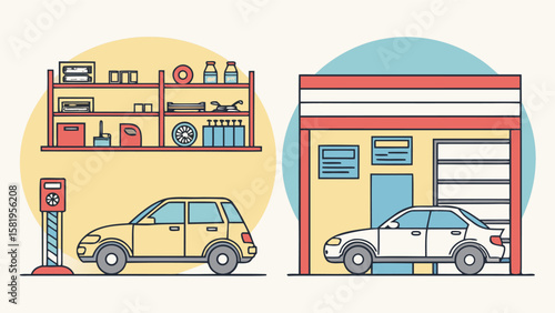 Clean Line Art Illustration: Auto Repair Shop Exterior and Organized Garage Interior with Cars, Tools, and Supplies, Representing Automotive Maintenance and Service.