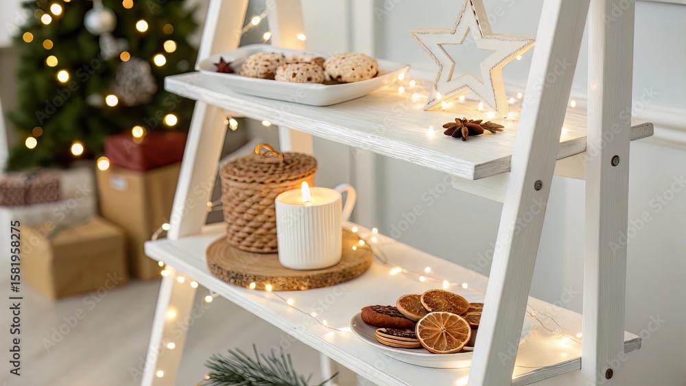Naklejka premium White Shelf with Fairy Lights for Elegant Seasonal Product Displays
