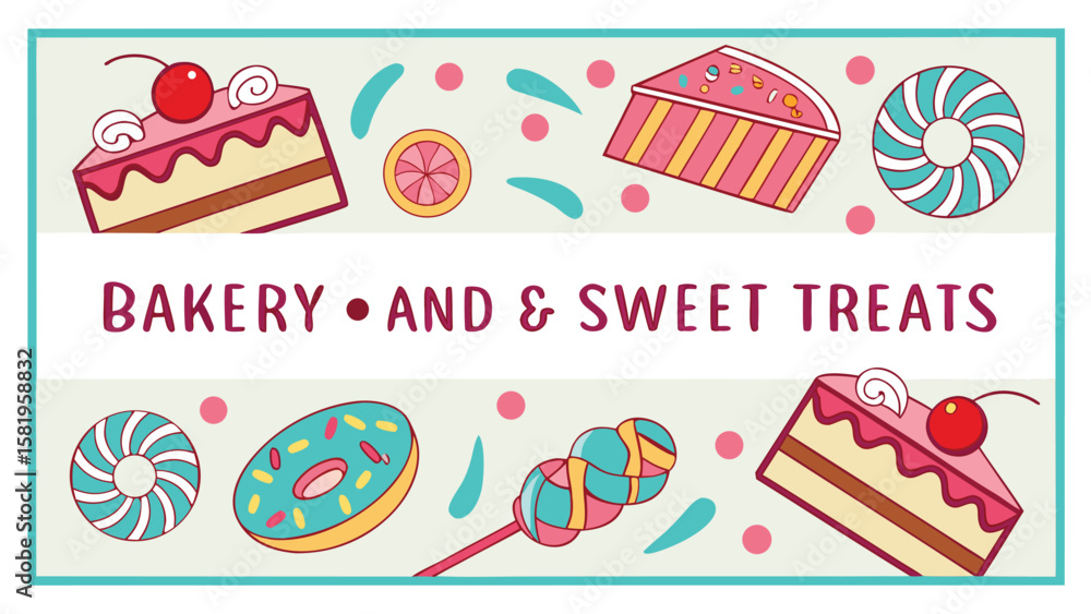 Naklejka premium Delightful Bakery and Sweet Treats Illustration: Cartoon Cakes, Donuts, and Candies in a Playful, Whimsical Style, Perfect for Branding or Website Design.