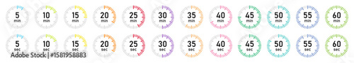 Vibrant circular countdown timer icons from 5 to 60 seconds and minutes. Multicolor UI elements for apps, video overlays, infographic, or digital interfaces. Clean, modern design. Vector illustration.