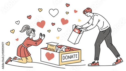 Couple Donating Goods to Charity:  Warm, Heartfelt Line Art Illustration Depicting Generosity, Kindness, and Charitable Giving;  Donation Box Overflowing with Items,  Symbolic Hearts Floating.