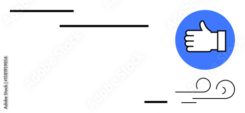 Thumbs-up icon in blue circle with sleek black lines and motion swirls suggesting approval, speed, and positivity. Ideal for branding, feedback, speed, trust, quality, social media simple landing