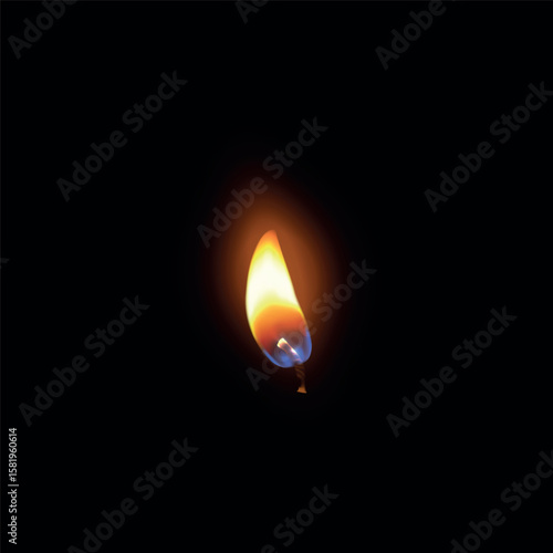 Realistic candle fire flame vector illustration, 3D flare texture black background, closeup candlelight, memorial event