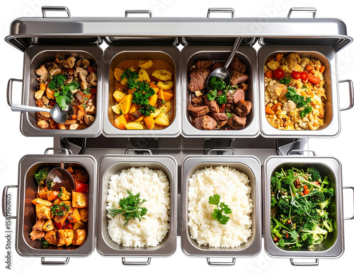  Top Down View of Chafing Dish Warmer with Serving Utensils and Food Inside isolated on transparent background PNG.