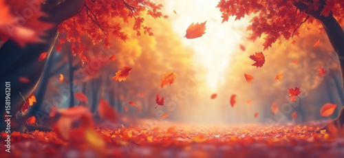 Autumn leaves falling in vibrant forest with warm sunlight filtering through trees.