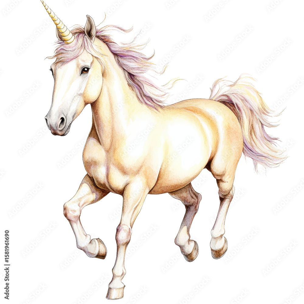 Obraz premium Elegant white unicorn with a golden horn running through a fantasy landscape with flowing mane and tail