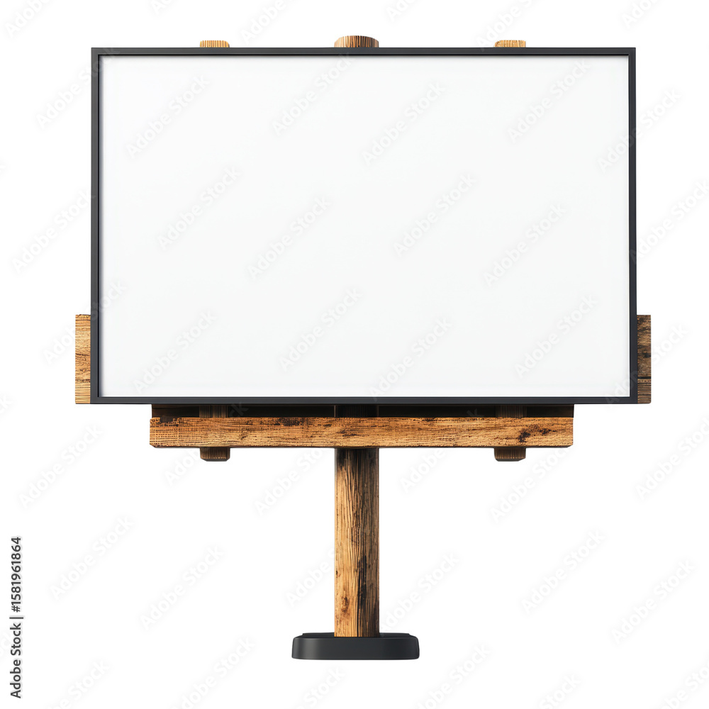 Fototapeta premium Blank white rectangular billboard sign mounted on wooden stand isolated on white background