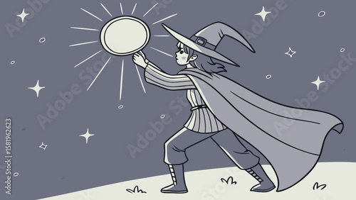 Whimsical Wizardry A Young Enchanter Holds a Radiant Orb Amidst Sparkling Stars