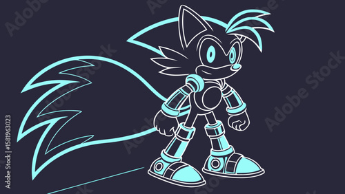 Futuristic Vector Design A Radiant Character with Tails in Neon Outline on Dark Backdrop