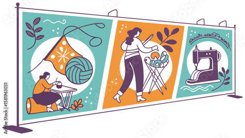 Vibrant illustration of women crafting: knitting, needlepoint, and sewing;  retro style banner design; cheerful, optimistic mood; perfect for handmade, DIY, or craft businesses.