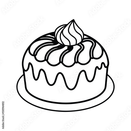 Round cake with swirled frosting and drizzles dessert sweet