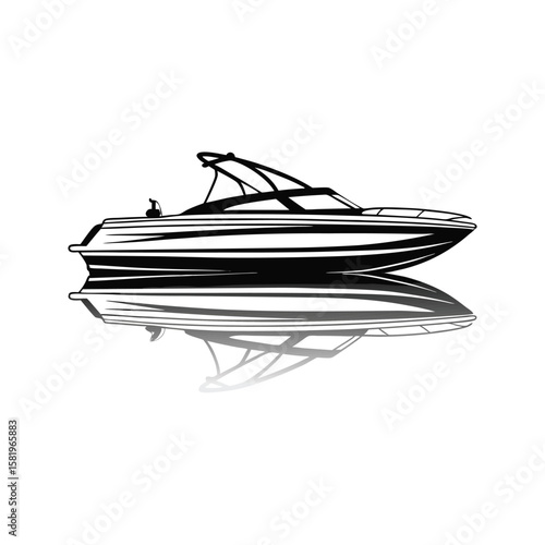 Sleek black motorboat with canopy and reflection white watercraft