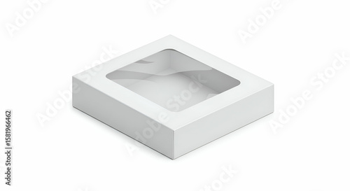 Empty white box with a clear window, isolated on white. A blank, square box with a transparent window, showcasing its design and ready for use as a mockup.