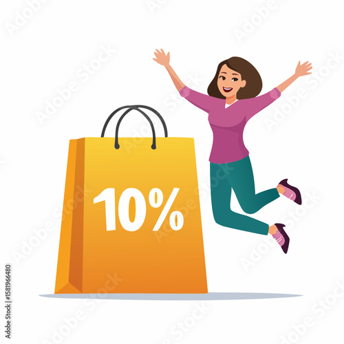 Delighted Shopper with Discount: A jubilant woman leaps with excitement next to a shopping bag bearing a striking 10% off promotion.