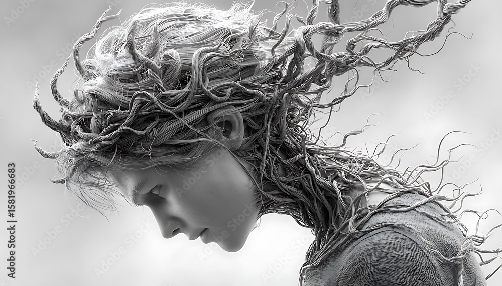 Fototapeta premium Anxiety shown as tangled wires wrapping around a person in grayscale room