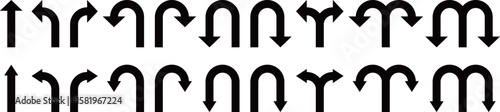 Set of Bold U-Turn and Arrow Icons, Collection of bold black directional arrow icons including U-turns, straight, curved, and loop arrows on white background.