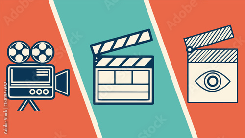 Retro Filmmaking Icons: Vintage Camera, Clapperboard, and Eye Symbol;  Bold Line Art Style;  Nostalgic and Playful Mood for Media and Entertainment.