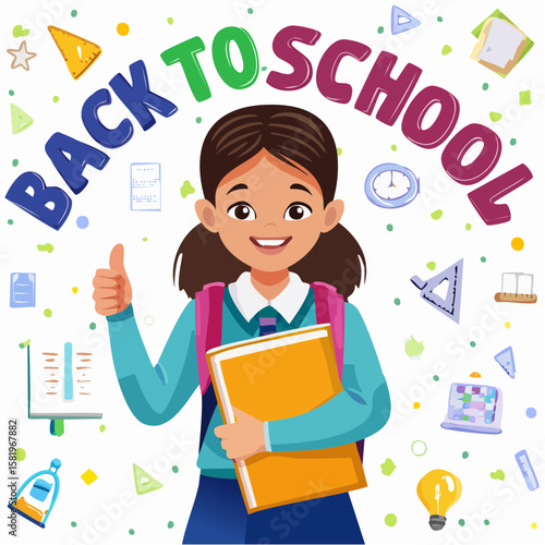 Illustration of a smart and happy schoolgirl holding a book and giving a thumbs-up, standing confidently in a school-themed vector artwork
