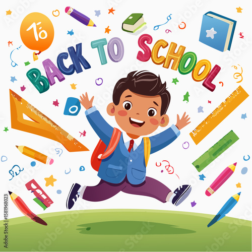 Energetic young boy running happily with backpack, surrounded by floating crayons and rulers, symbolizing joyful learning and school life