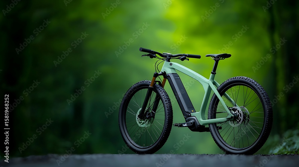 Fototapeta premium Green Electric Mountain Bike in Lush Forest