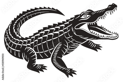A menacing crocodile with its jaws wide open, black and white illustration