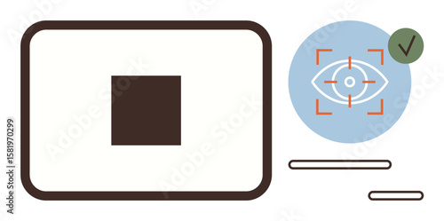 Eye inside scanning frame, blue background with tick symbol, square display panel. Ideal for technology, authentication, biometrics, privacy, cybersecurity digital identity verification. Simple