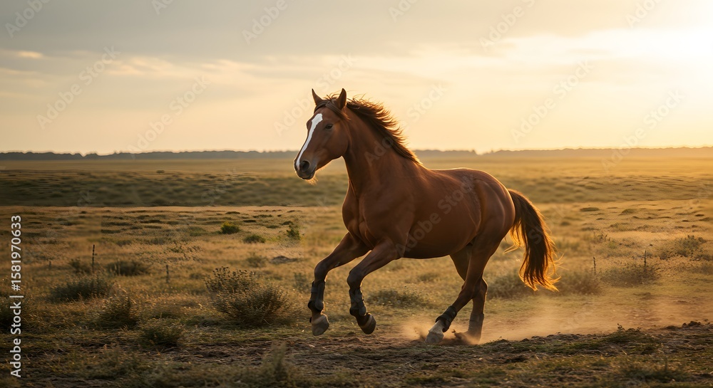 Fototapeta premium A brown horse galloping across a golden field at sunset.
