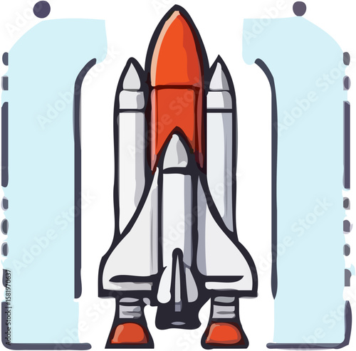 Space shuttle poised for launch, surrounded by stylized launchpad vapor trails.