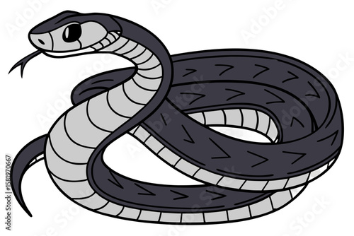 A cartoon black snake coiled on a white background