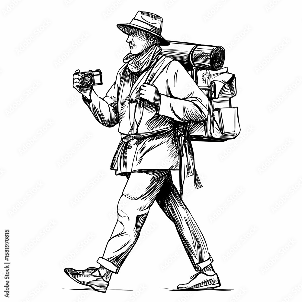 Obraz premium Tourist in a hat with a backpack walks with a camera in his hand. Black lines on white background. Graphics. Engraving. Linocut effect