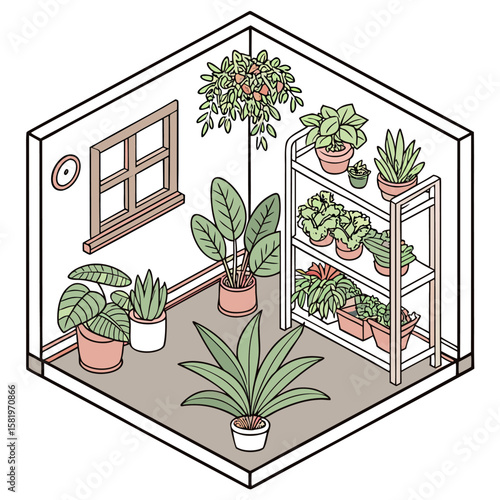 Isometric view of a room filled with various potted plants and a plant shelf near a window and wall clock