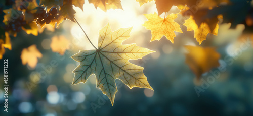 Golden autumn leaves illuminated by sunlight creating a warm, serene atmosphere.