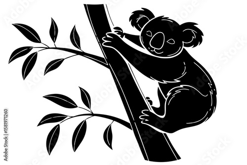 A koala climbing a tree with leaves