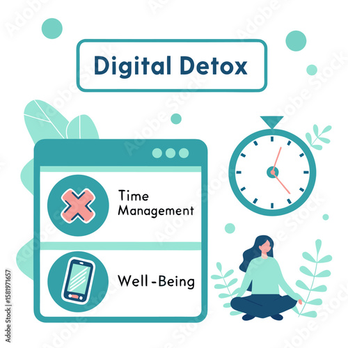 Digital detox concept featuring a woman meditating, a clock, and a screen with time management and well being