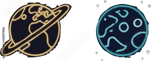 Two stylized planets, one with rings, depicted in a cartoonish, minimalist style.