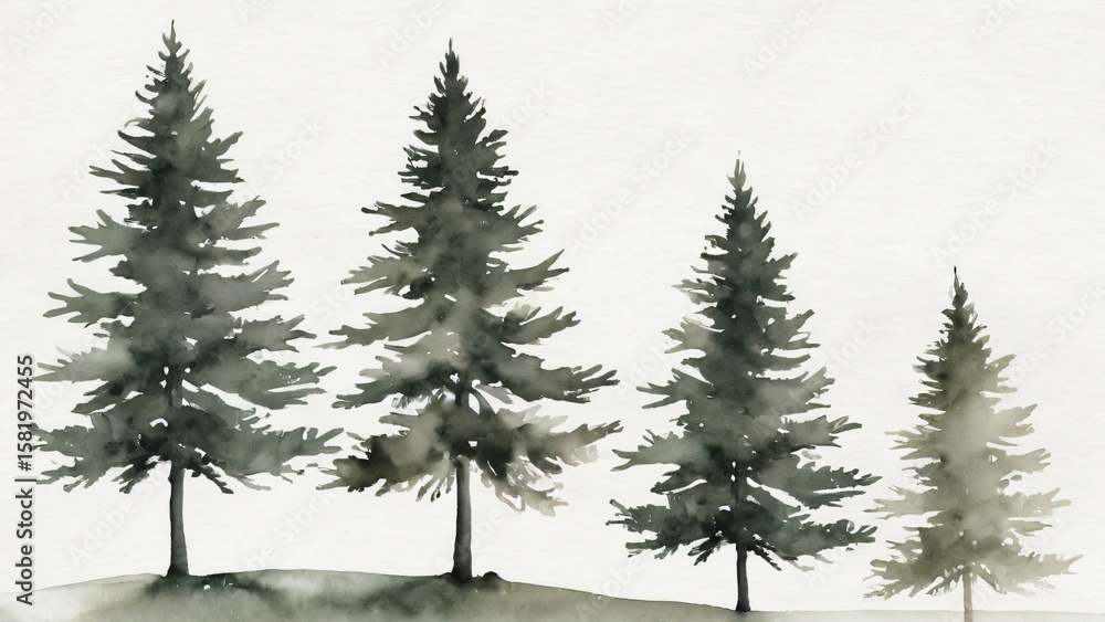 Obraz premium A watercolor painting of four pine trees standing tall on a gentle slope against a plain white background, evoking a serene winter forest scene